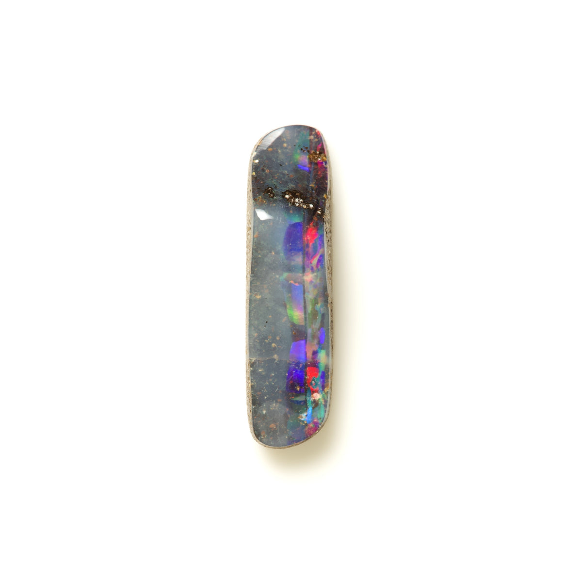 A polished rectangular cabochon opal gemstone with a dark gray base and vibrant iridescent flashes of blue, green, purple, and orange, shown on a plain white background.