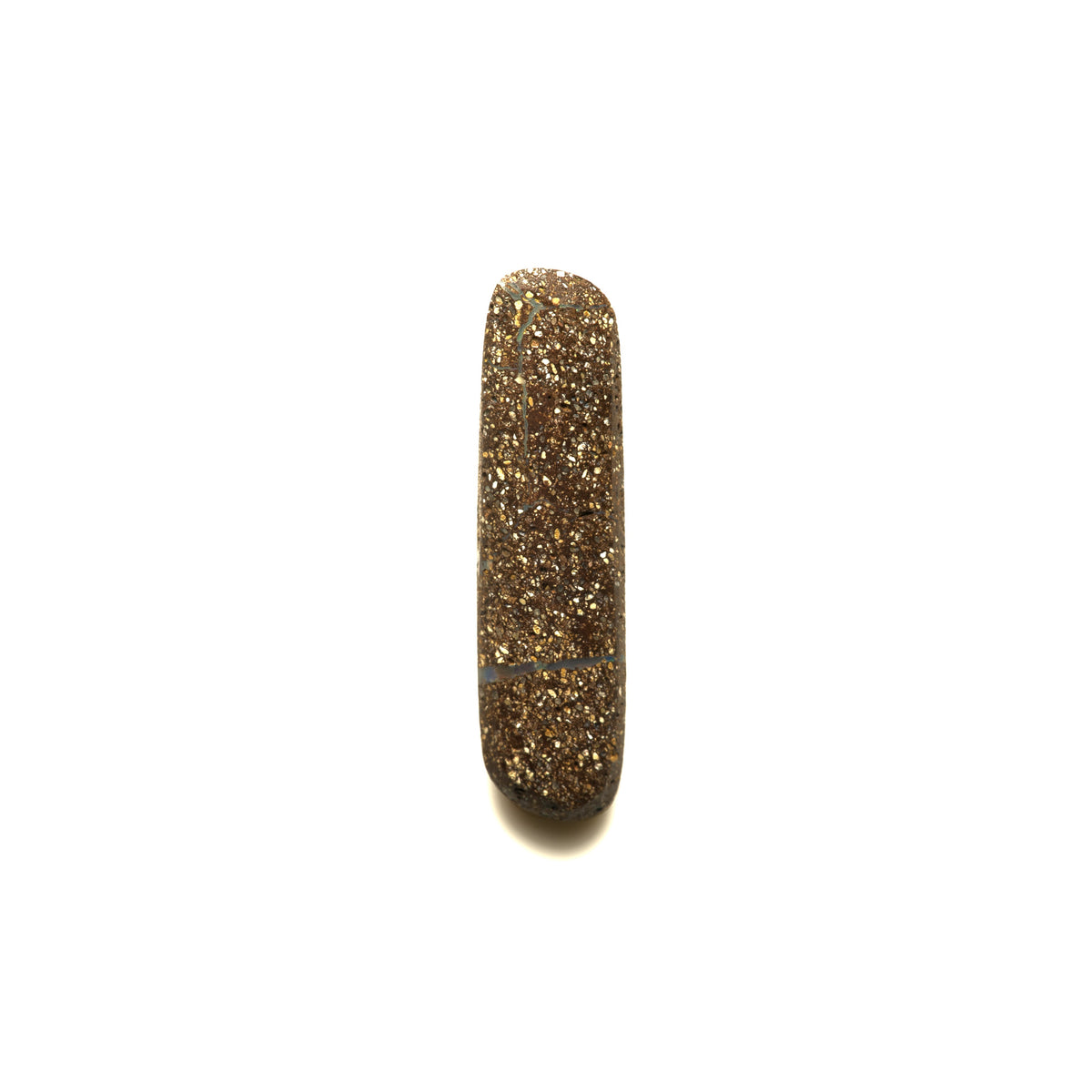 Back of boulder opal gemstone showing polished ironstone host rock cabochon, centered on a white background.