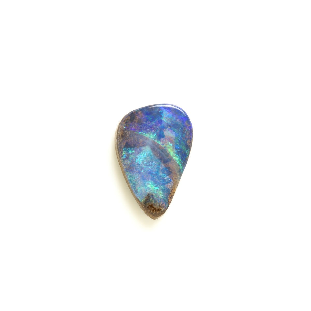 A teardrop-shaped natural opal gemstone with vibrant blue, green, and purple iridescent play-of-color, displayed on a clean white background.