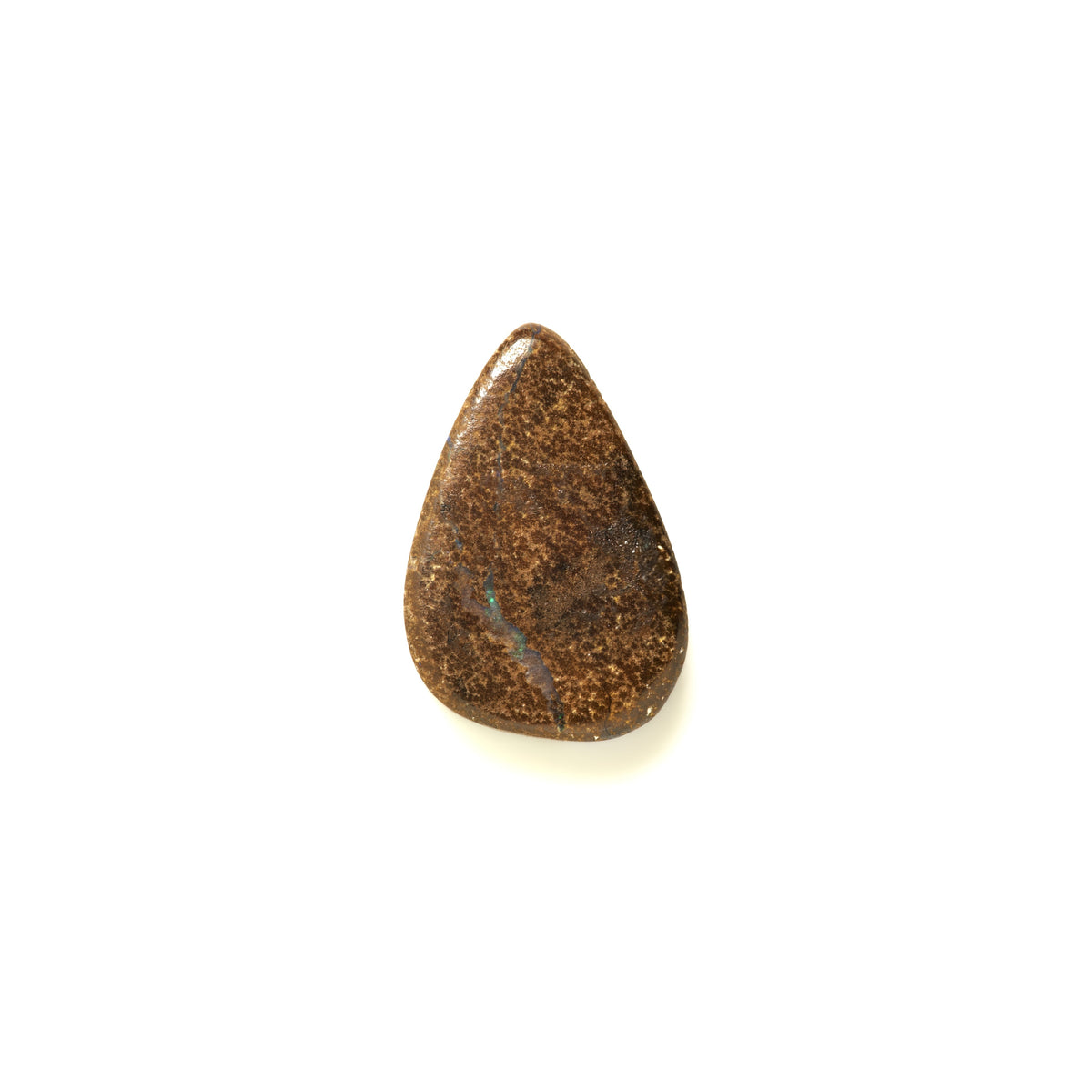 The back of a boulder opal gem showing a polished teardrop-shaped brown stone cabochon with natural speckled texture, centered on a plain white background.
