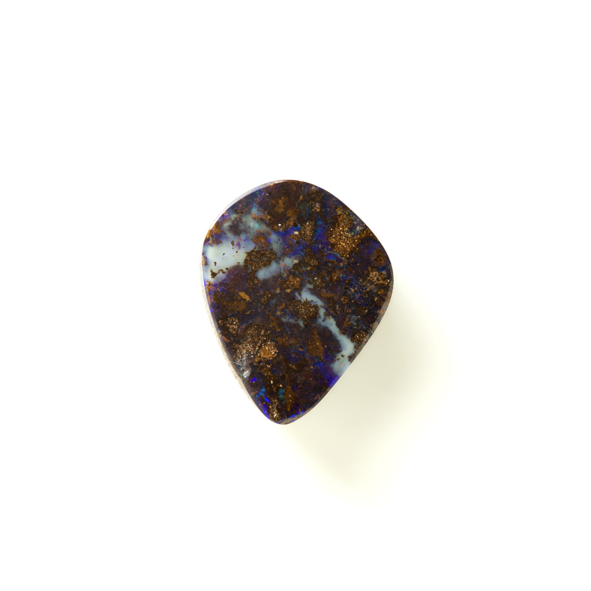 A polished teardrop-shaped opal gemstone with a mottled pattern of dark brown, gold, and iridescent blue-purple flashes, set against a plain white background.
