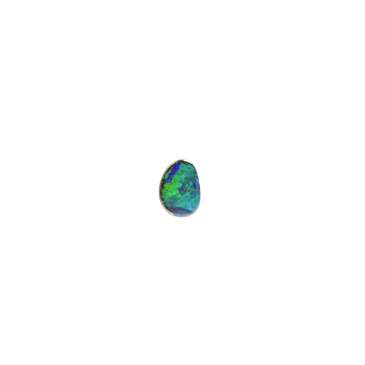 A small, teardrop-shaped natural opal gemstone with vibrant iridescent colors of green, blue, and purple, centered on a solid white background.