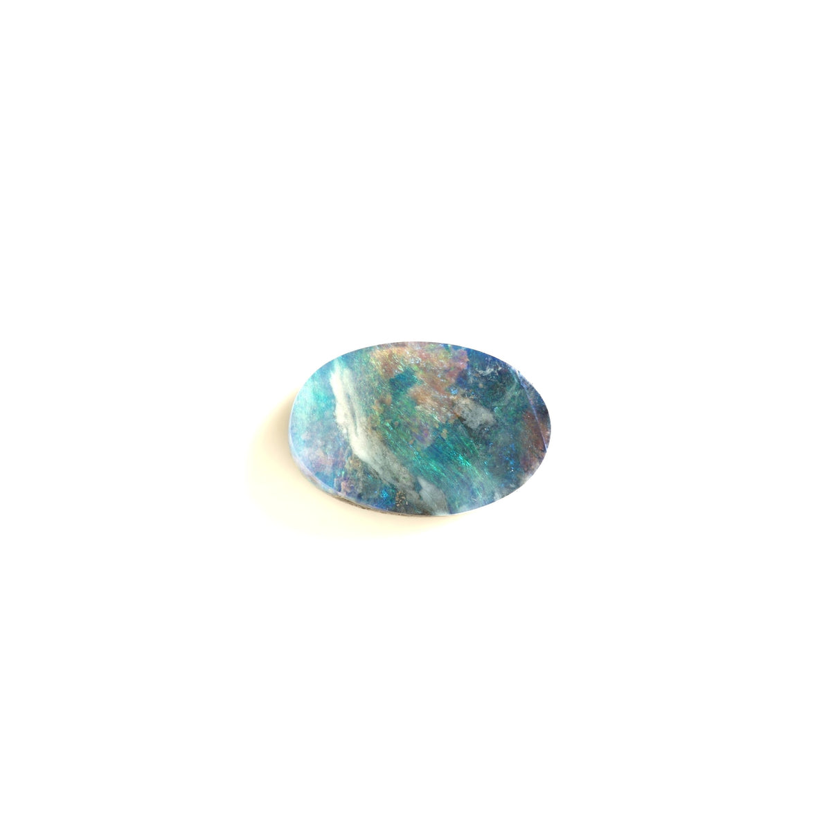 A single oval cabochon gemstone with vibrant iridescent opal patterns in shades of teal, blue, green, and gold, centered on a plain white background.