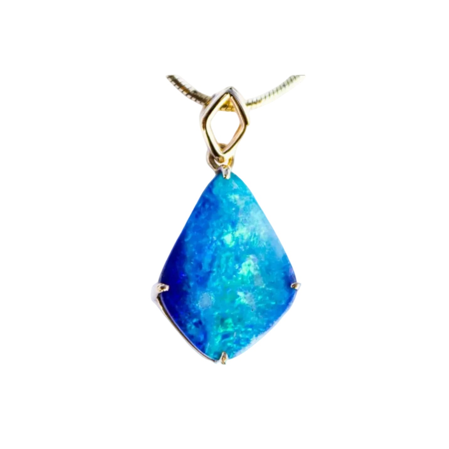 Teardrop-shaped blue pendant with gold setting on a white background