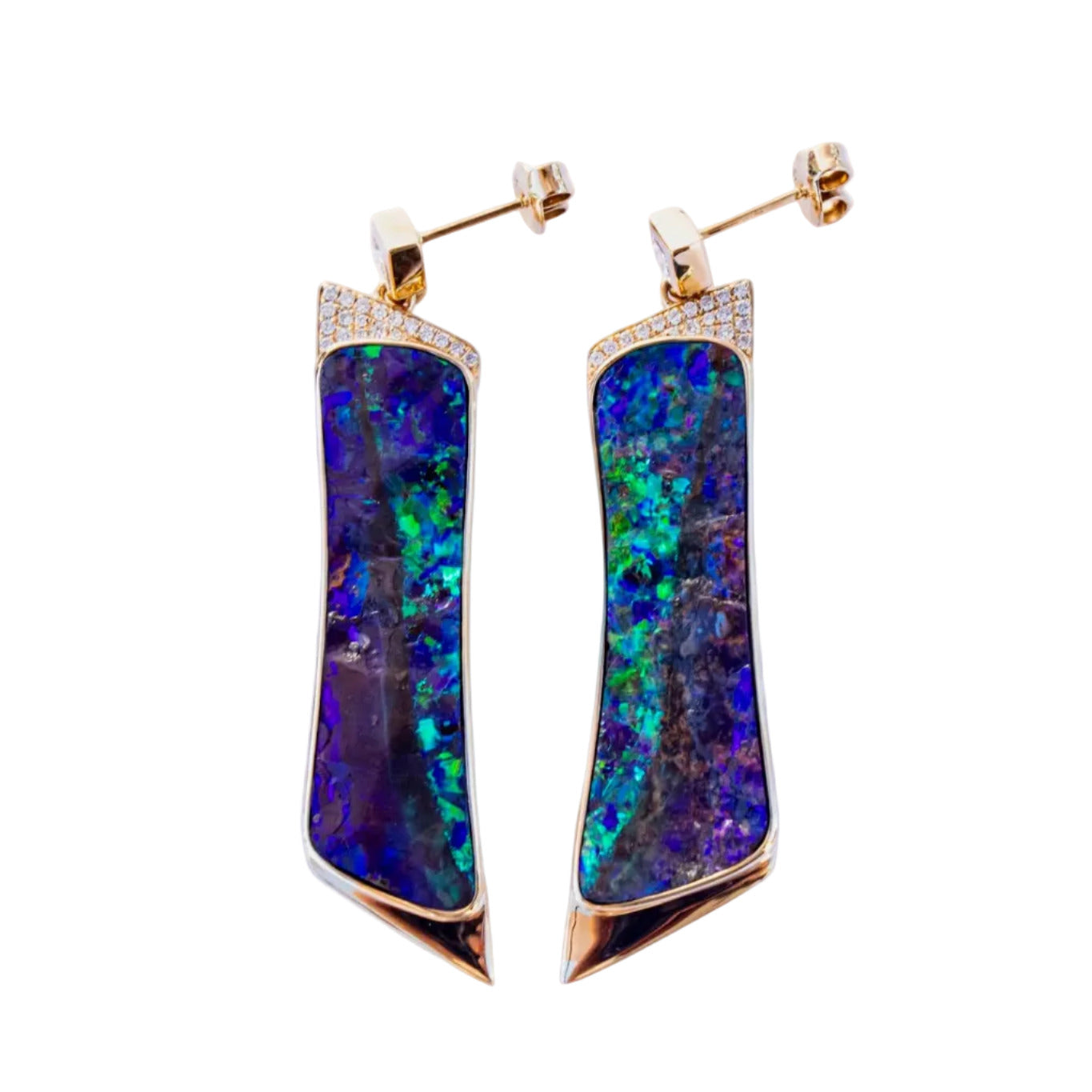 Pair of opal earrings with gold accents on a white background