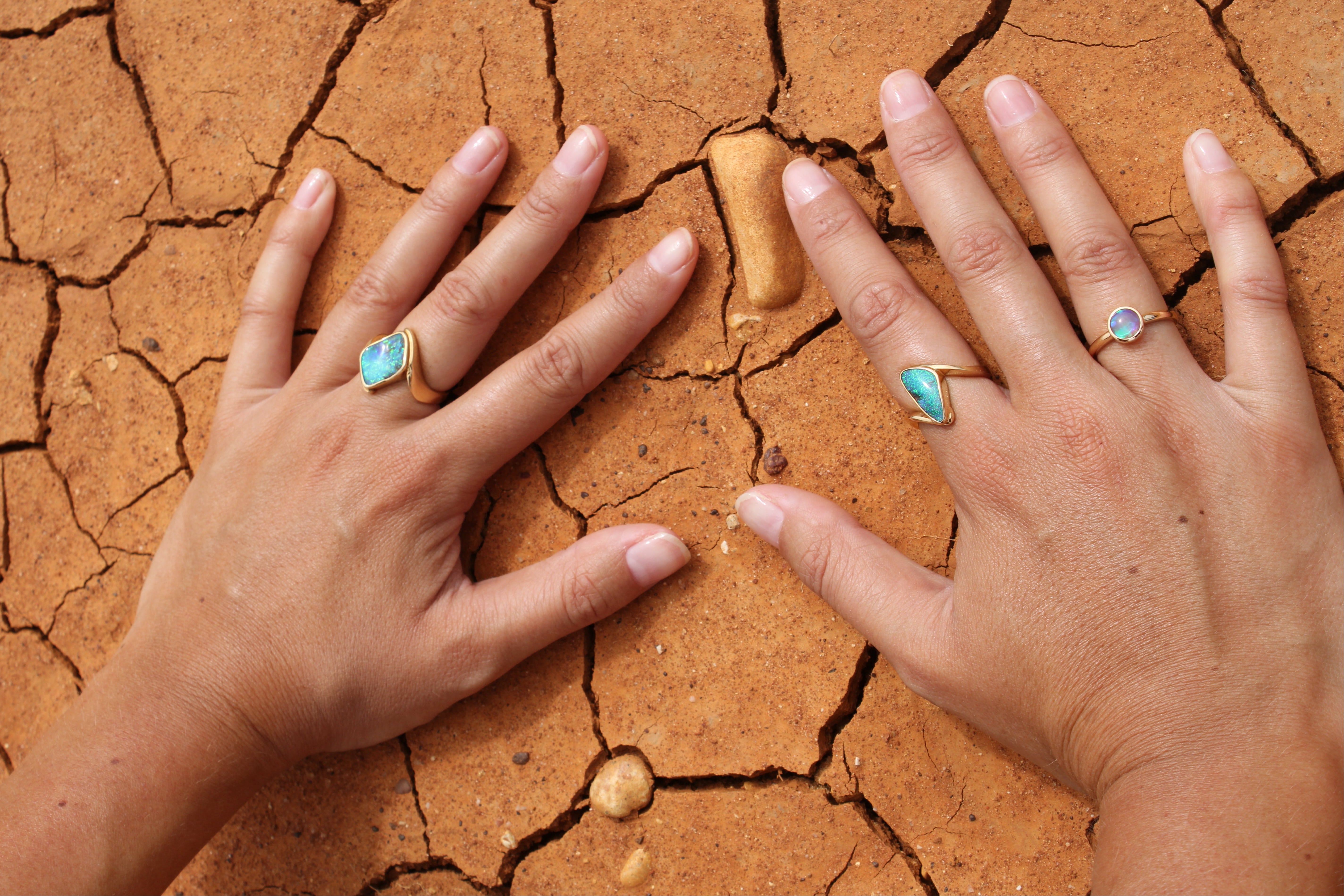 Two hands with rings on cracked, dry earth