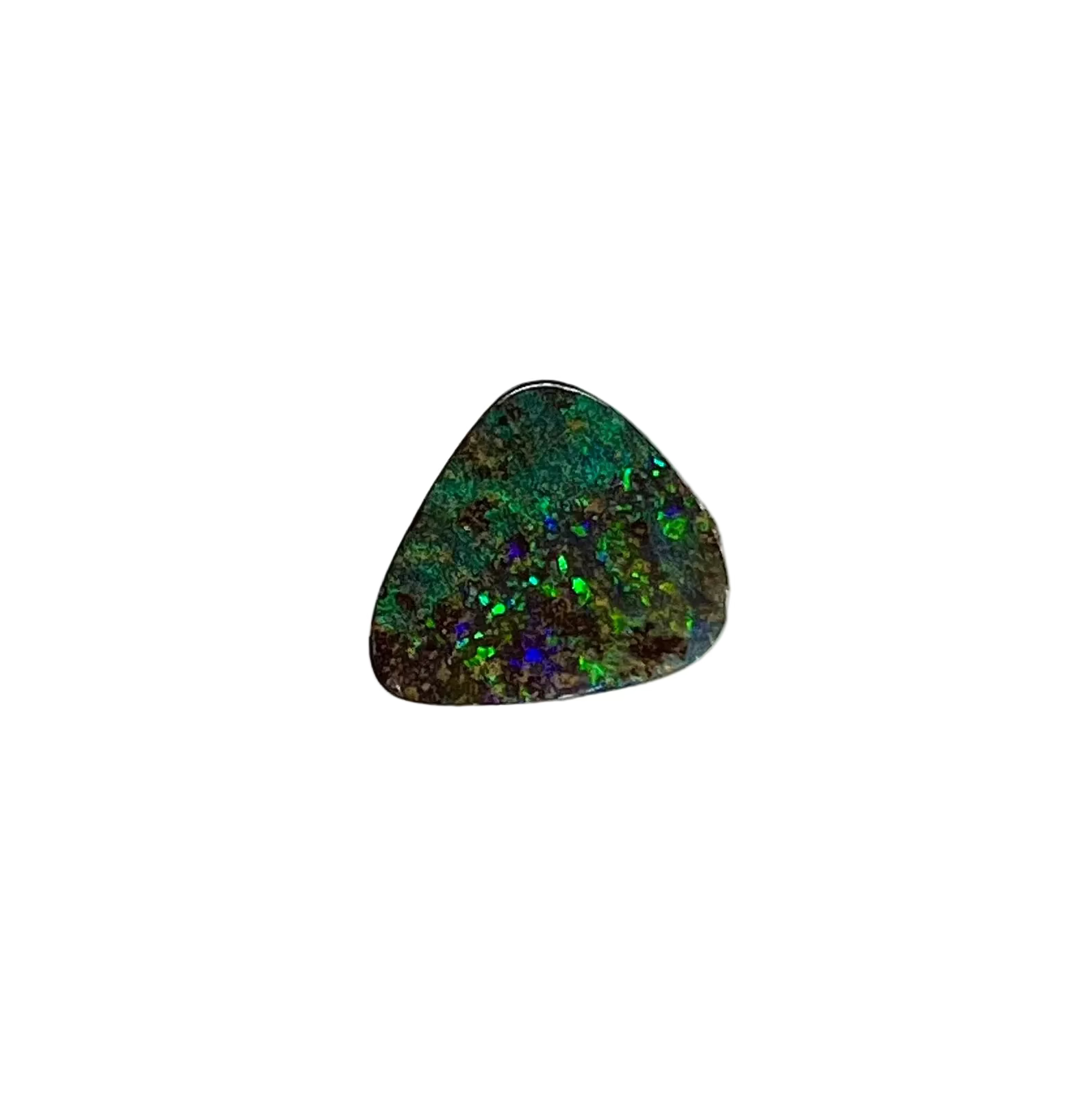 Triangular gemstone with multicolored inclusions on a white background