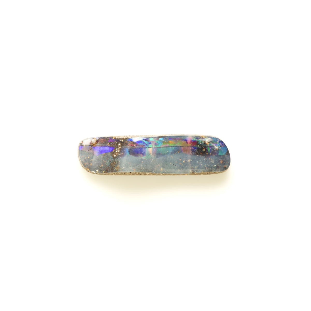 A polished rectangular cabochon gemstone with a play-of-color effect, displaying blue, purple, green, and gold hues on a white background.