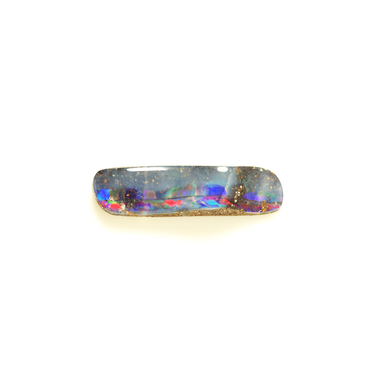 A polished rectangular cabochon gemstone with a blue-grey base and vibrant iridescent opal flashes of red, purple, green, and gold, set against a plain white background.