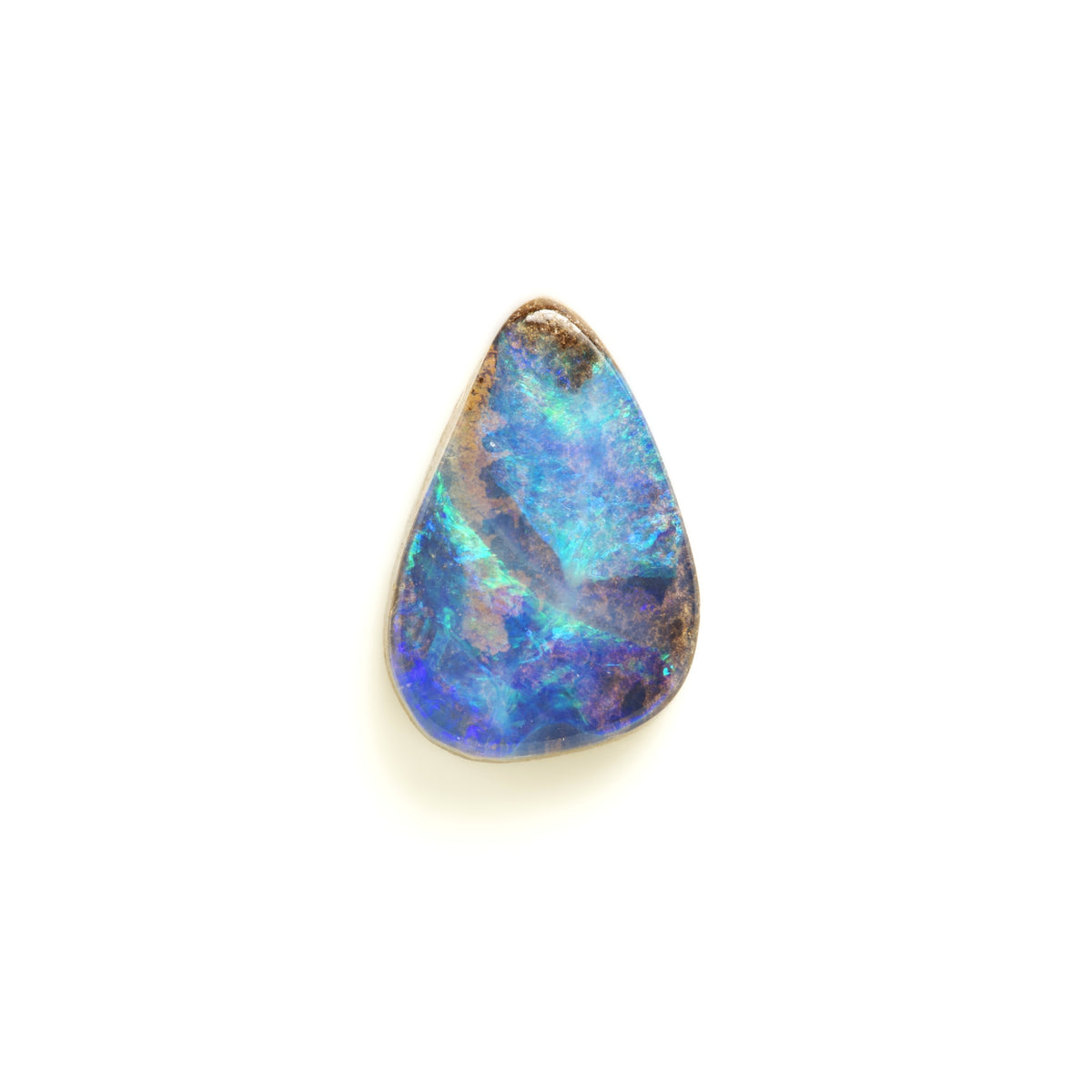 A teardrop-shaped loose opal gemstone with vibrant blue, green, and purple iridescent play-of-color, set in a rough brown matrix, shown on a plain white background.
