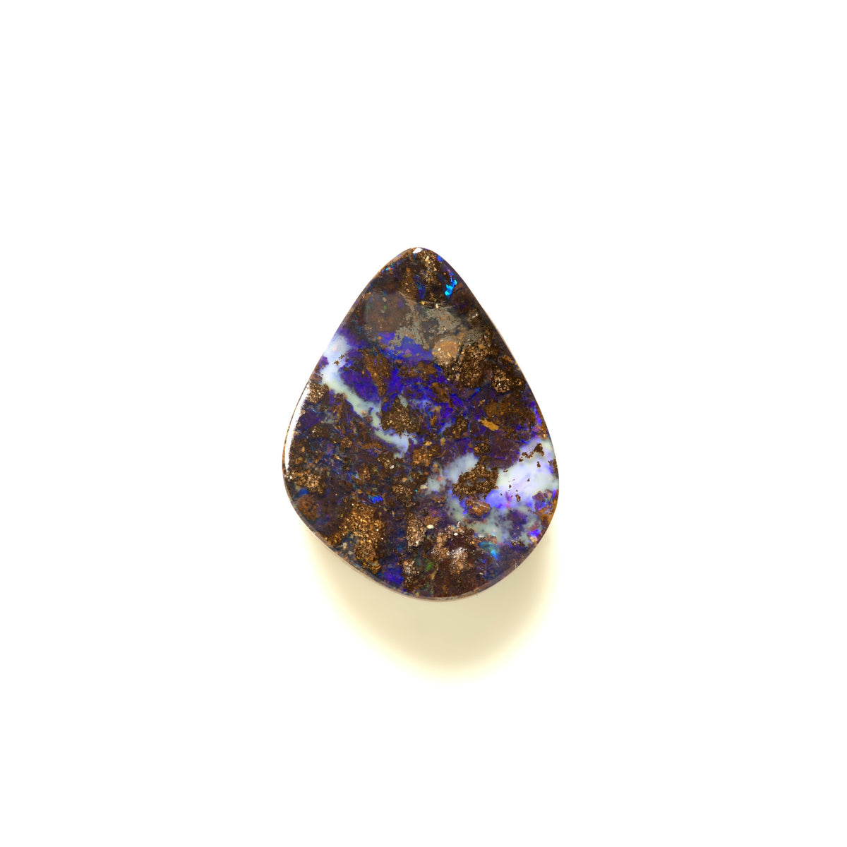 A teardrop-shaped natural opal gemstone with a rich pattern of iridescent blue, purple, brown, and white flashes over a dark brown matrix, photographed on a clean white background with a soft shadow.