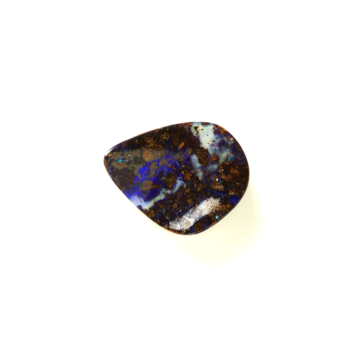 A single teardrop-shaped opal gemstone with a marbled pattern of blue, brown, black, and white, photographed on a clean white background.