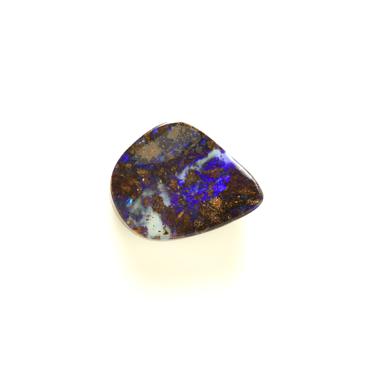 A teardrop-shaped natural opal gemstone with a mottled pattern of dark brown, black, blue, and white flashes, displayed on a clean white background.