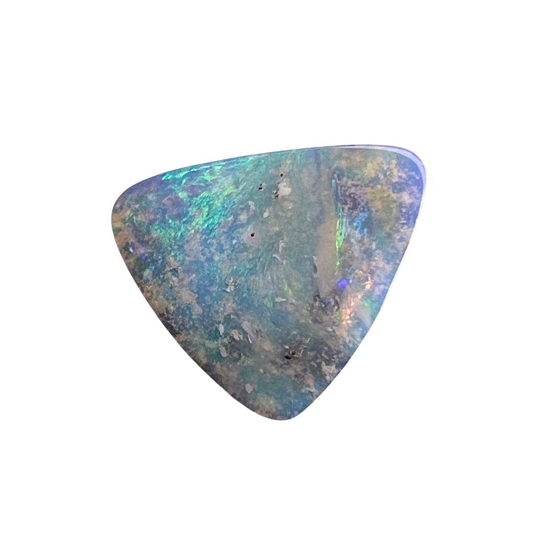 Colourful pale blue, green and pink bright opal. Triangular shaped cut, bright pattern and play of colour. 