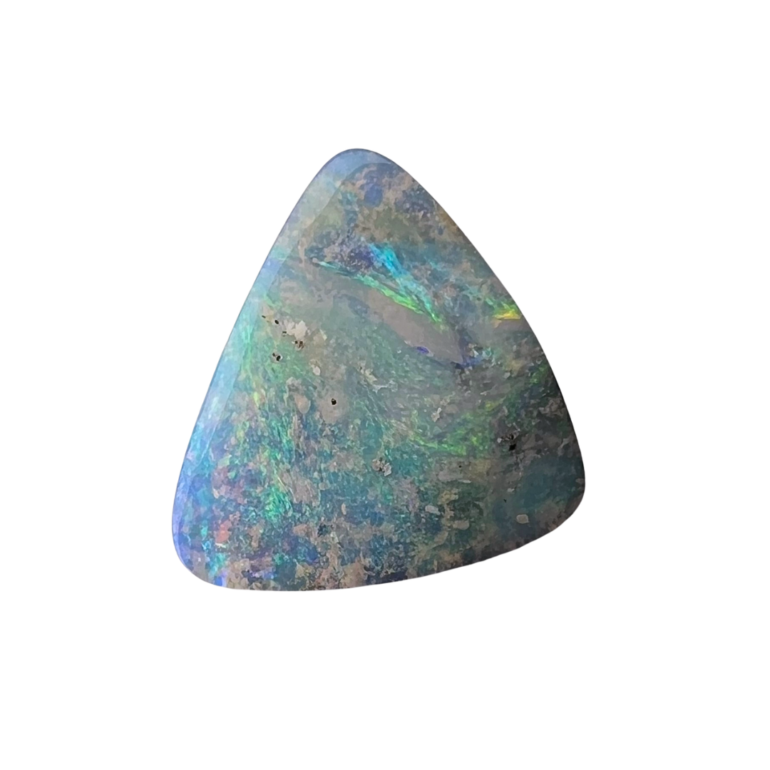 Triangular opal stone with multicolor play of colour on a white background