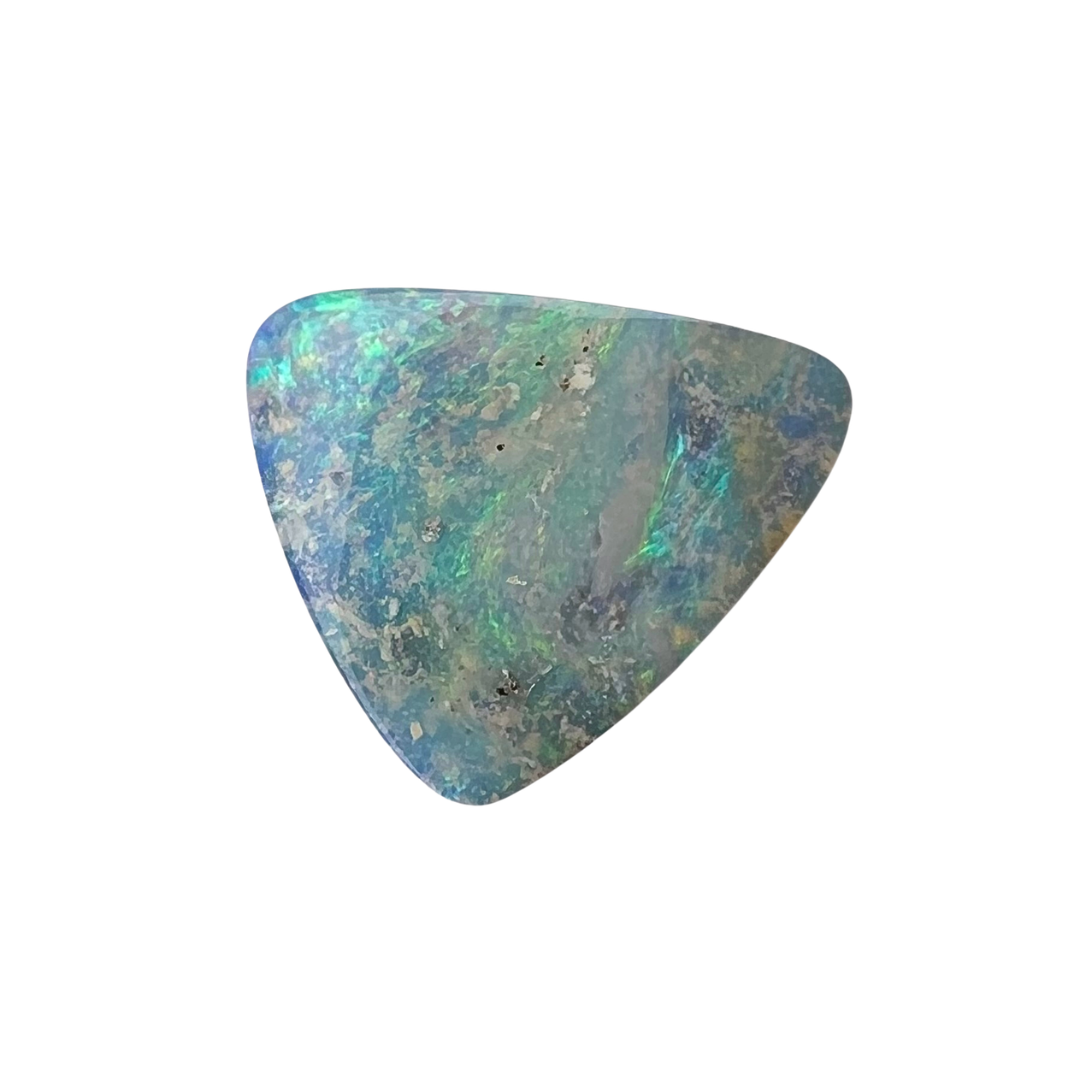 Triangular opal stone with multicolor patterns on a white background