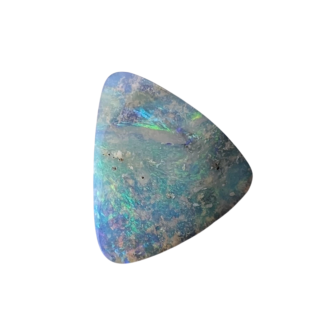 Colourful pale blue, green and pink bright opal. Triangular shaped cut, bright pattern and play of colour. 