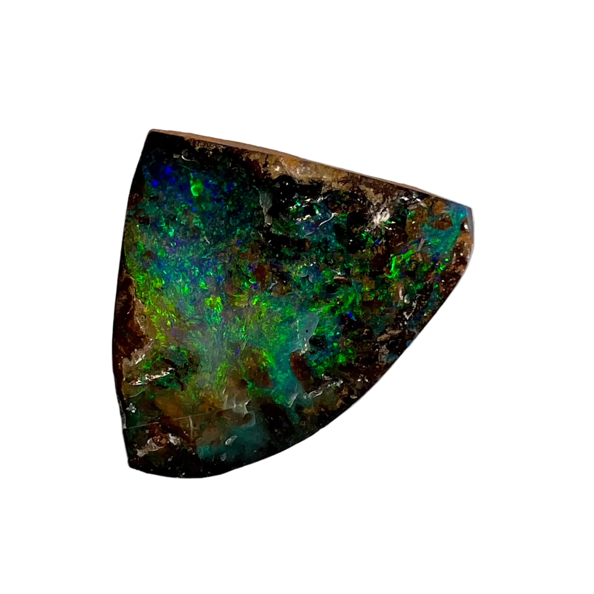 Polished piece of opal with multicolored patterns on a gray background