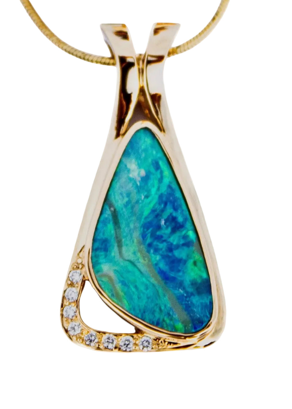 Opal pendant with gold frame and diamond accents on a white background